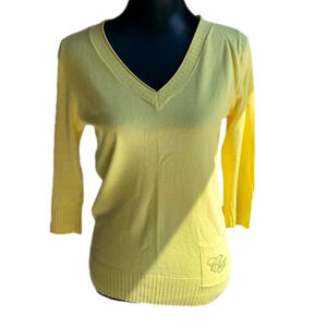 Cortefiel Yellow Rhinestone Embellished Pocket Sweater Top